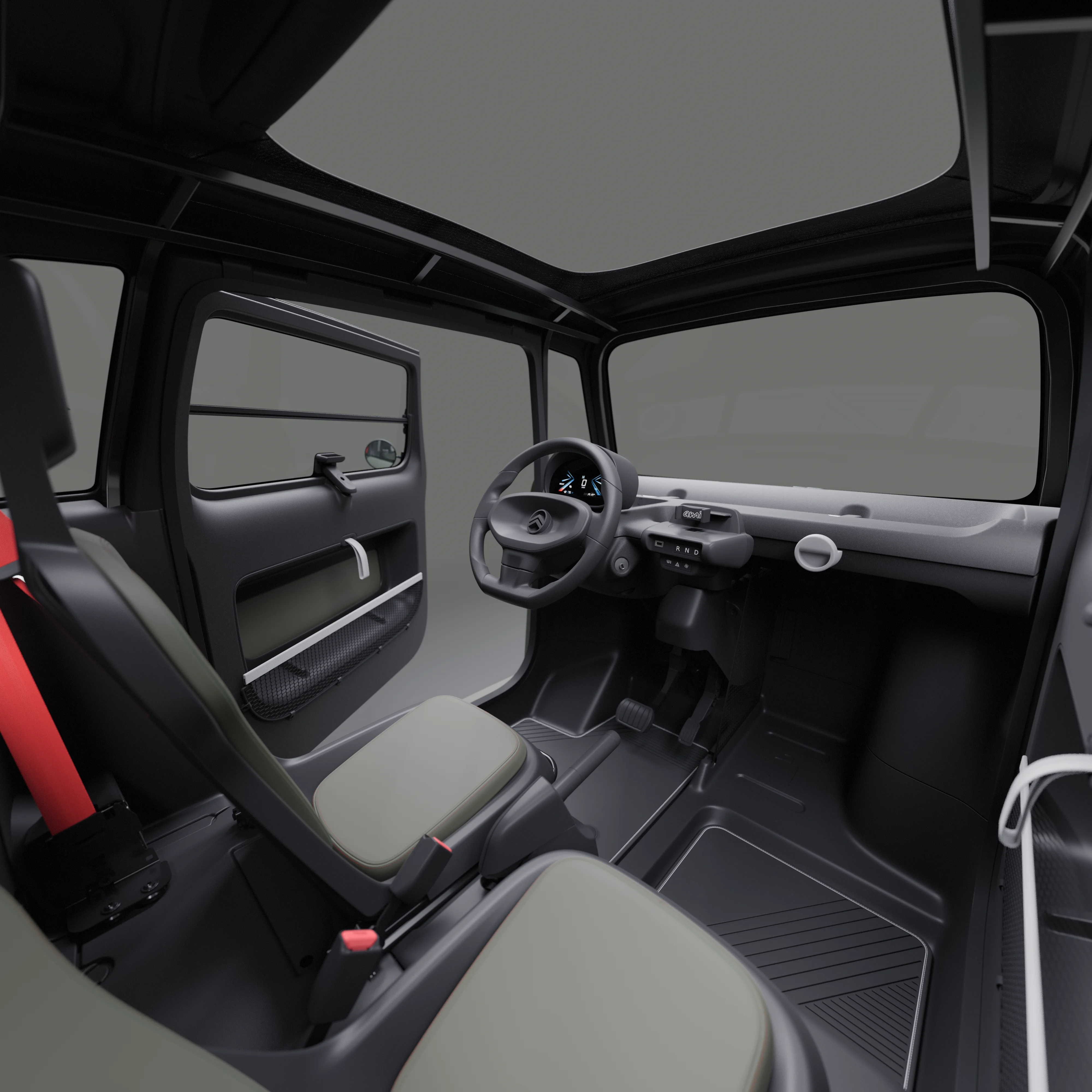 Vista frontale degli interni della Citroën Ami Outdoor con tetto apribile, una microcar elettrica pratica per la mobilità quotidiana