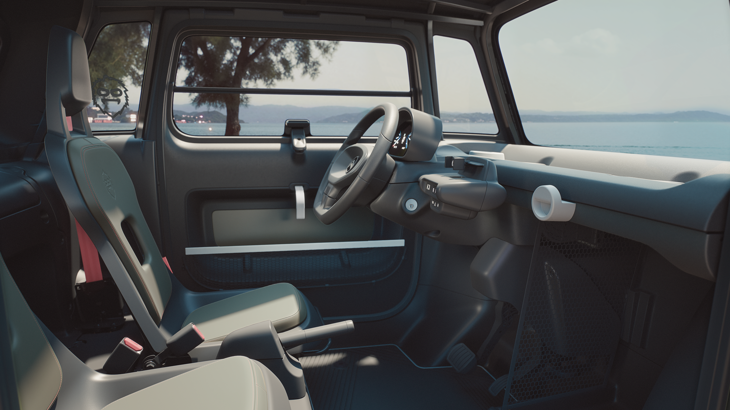 Vista degli interni lato conducente della Citroën Ami Outdoor con abitacolo aperto, una microcar elettrica dagli spazi aperti