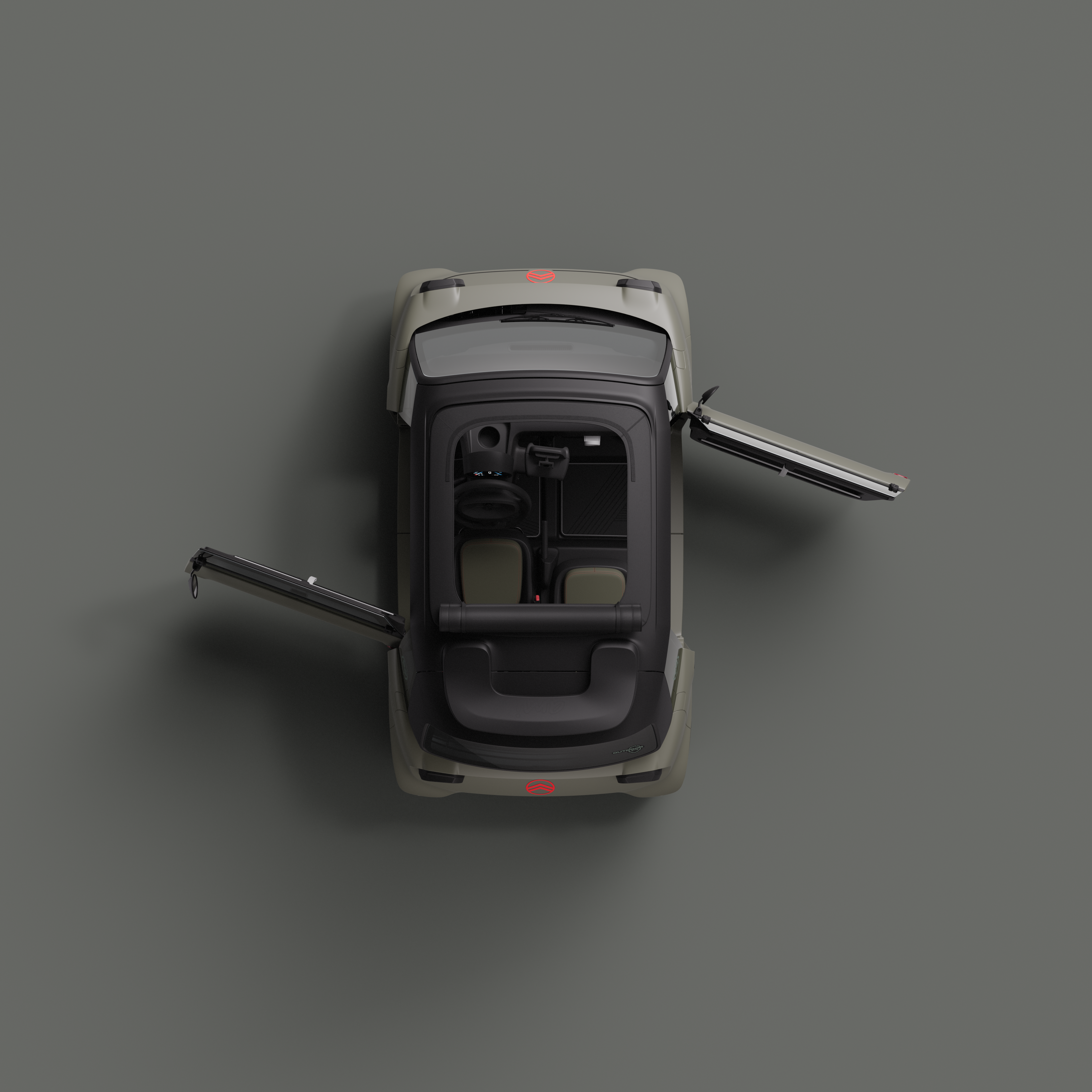 Vista dall’alto della Citroën Ami Outdoor con porte simmetriche aperte e tetto apribile, una microcar elettrica di facile accesso